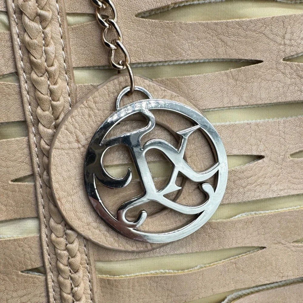 Womens Tan Satchel Bag Purse Cutout Detail Chain‎ Charm Optional Strap Boho Chic